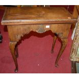 An early Georgian style figured walnut crossbanded foldover baize lined card table, raised on