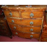 A mid-19th century mahogany bowfront chest of two short over three long drawers, w.95cm