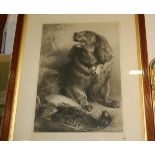 After Sir Edwin Landseer - dog with dead game, monochrome engraving by Thomas Landseer, 71x50cm