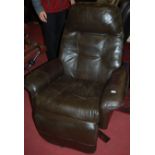 A contemporary chocolate brown leather upholstered swivel armchair