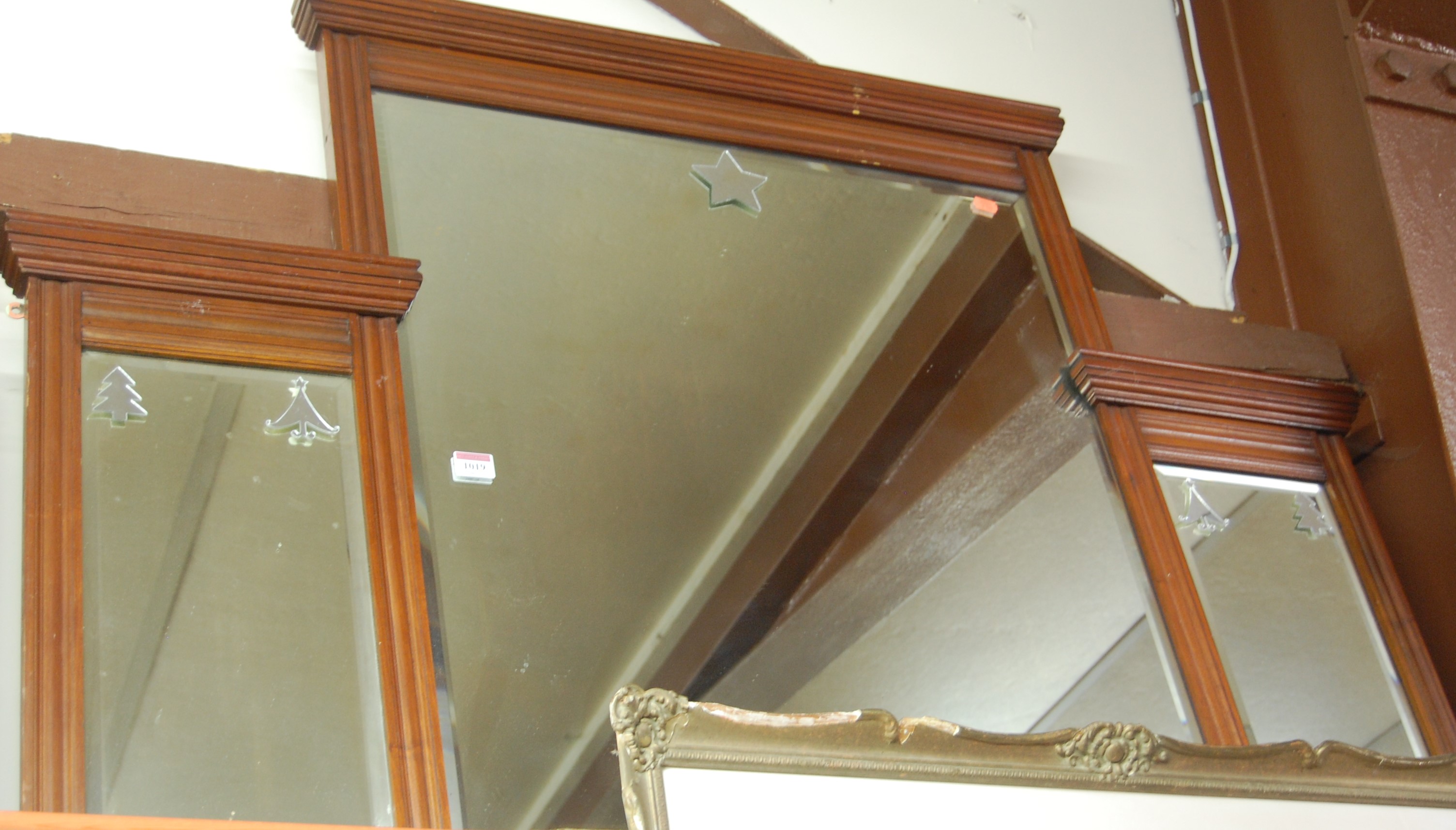 Circa 1900 walnut framed triptych overmantel mirror, width 122cm