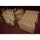 A collection of various wicker baskets, picnic hamper etc