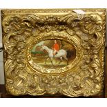 A reproduction oleograph study of a huntsman on horseback in heavy gilt frame, and one other similar