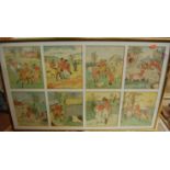 Framed cigarette cards, satirical prints etc