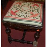 A 19th century stained fruitwood dressing stool having tapestry upholstered drop-in pad seat