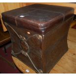 A leather topped storage box, together with one other matching smaller example and a wicker picnic