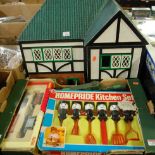 One box containing a quantity of mixed tinplate plastic and other associated toys also with a wooden
