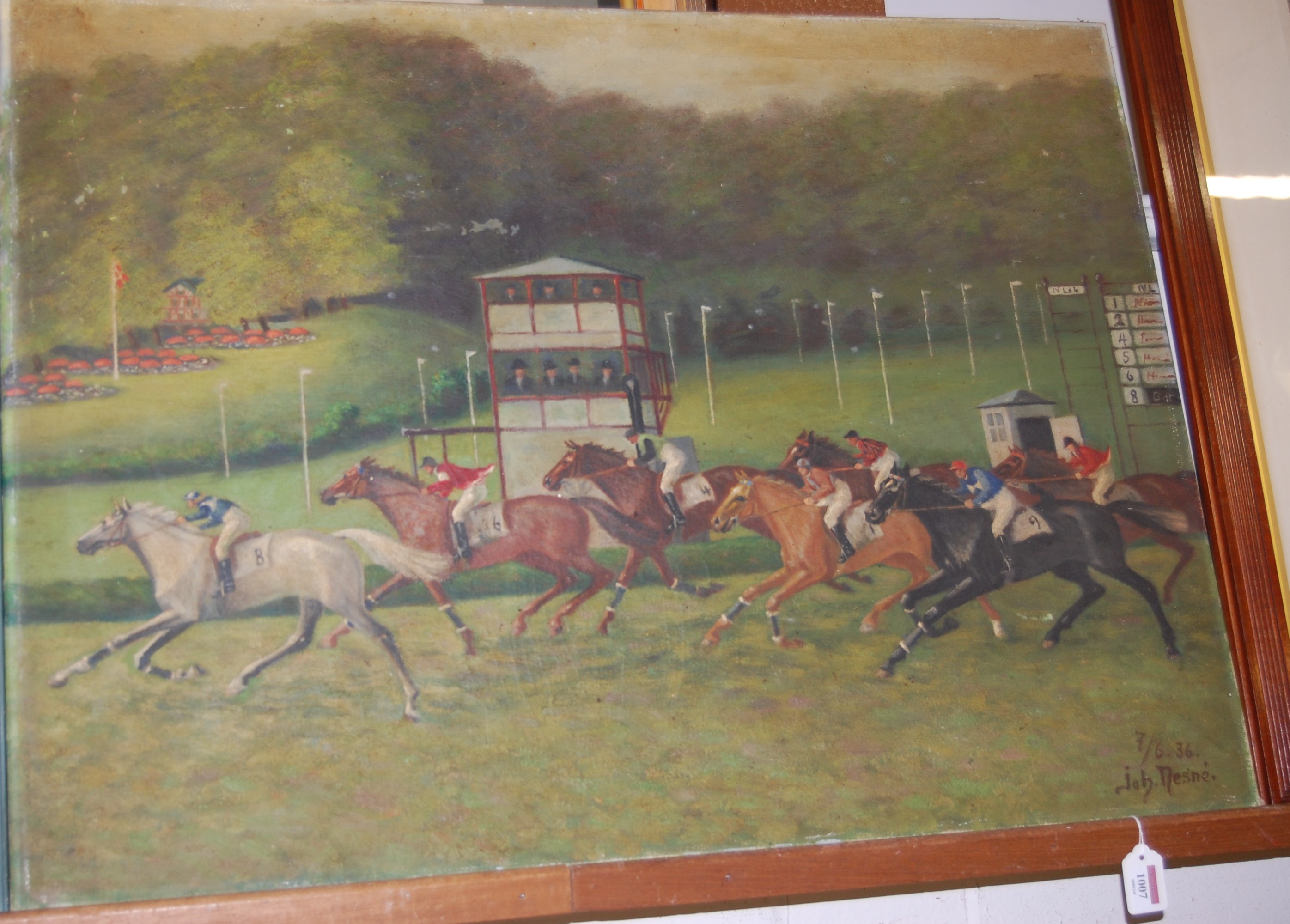 JOH. Nesne - flat racing scene, oil on canvas, signed and dated lower right, 7/46/36, unframed,