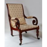 A William IV mahogany library armchair, the whole re-upholstered in a silk damask, having square cut