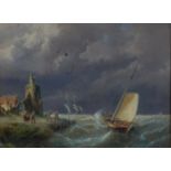 Pieter Cornelis Dommersen (1834-1908) - Dutch barges under stormclouds off the coastline, oil on