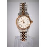 A lady's Rolex Oyster Perpetual stainless steel and gold wristwatch, the white dial with Roman and