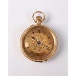 A lady's 18ct gold open faced fob watch, the engraved dial with black Roman numerals and hands, in