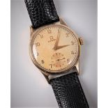 A gentleman's Omega automatic wristwatch, the round buff coloured dial with gilt Arabic numerals and