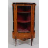 A circa 1900 French kingwood and marquetry inlaid vitrine, of serpentine outline, the glazed door
