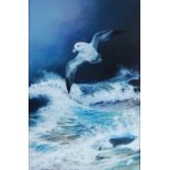 David Feather (1952-2005) - Lone seagull over stormy seas, oil on canvas, signed with feather