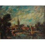 Arthur Edward Davies RBA RCA (1893-1988) - Norwich Cathedral form across the Wensum, oil on board,