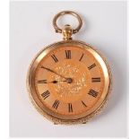 A lady's 18ct gold fob watch, the dial with black Roman numerals and hands, with engraved foliate