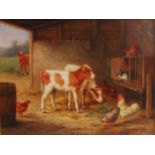 Edgar Hunt (1876-1953) - A barn interior with two young Ayreshire calves, cockerel, three hens and a