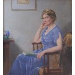 Bertram Walter Priestman RA (1868-1951) - Portrait of a lady wearing a blue dress and pearl necklace