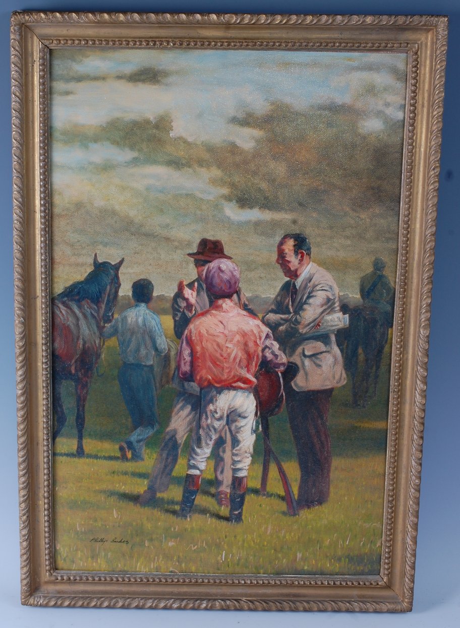 Phillip Sanders (b.1938,) Jockey and trainers in conversation, oil on board, signed lower left, 58 x