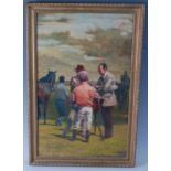 Phillip Sanders (b.1938,) Jockey and trainers in conversation, oil on board, signed lower left, 58 x