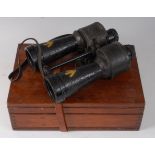 A pair of Barr & Stroud military issue binoculars serial no. 81796, in an associated mahogany box.