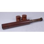 An early 20th century leather clad brass three drawer telescope stamped Quick Focus Marksman T.H.