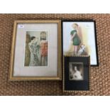 Three framed period printed portraits of young ladies, including an early Victorian lady with