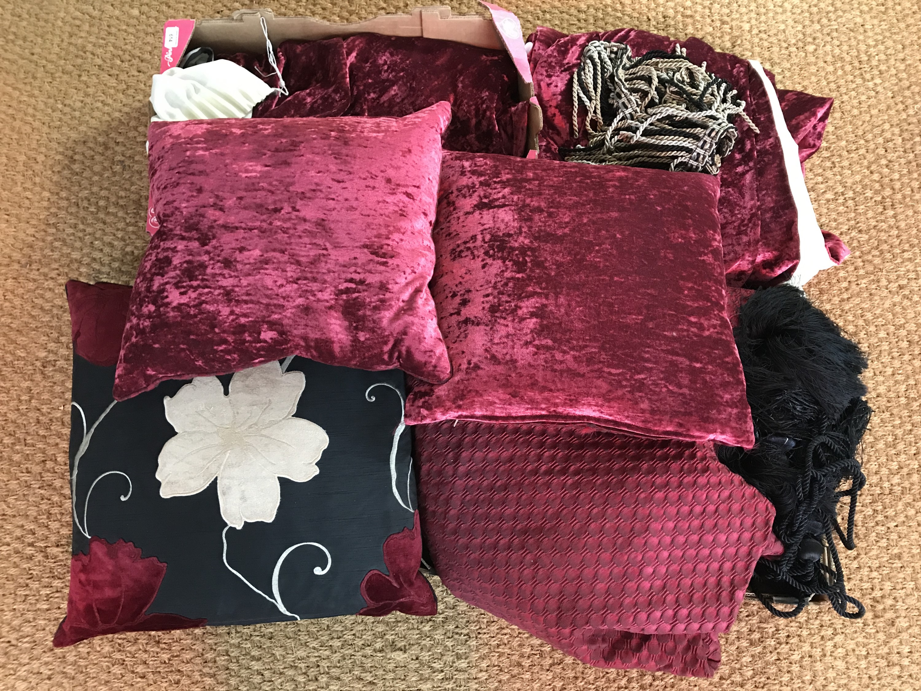 A half tester bed pelmet in burgundy crushed velvet together with a matched bed spread, 264 x 258