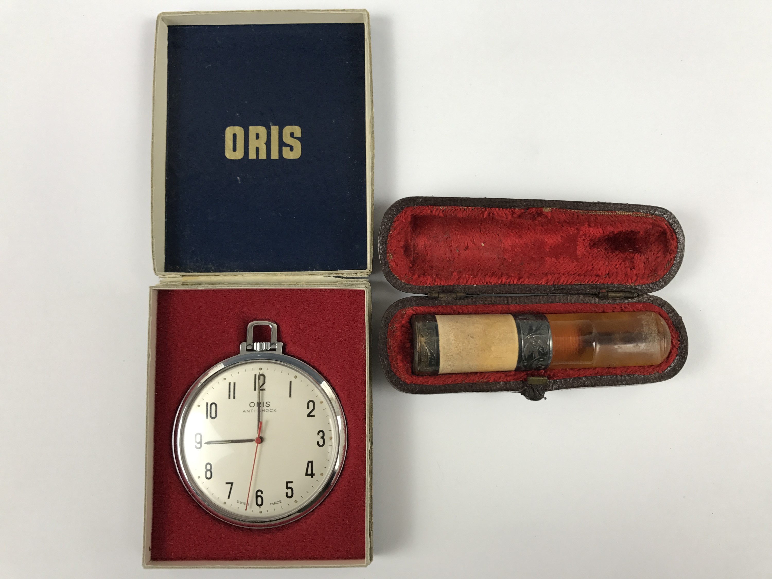 A vintage Oris anti-shock pocket watch with original carton, together with a late Victorian silver