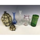 Sundry glass wares including a Strathearn cylinder vase, a lantern and a decanter jug etc