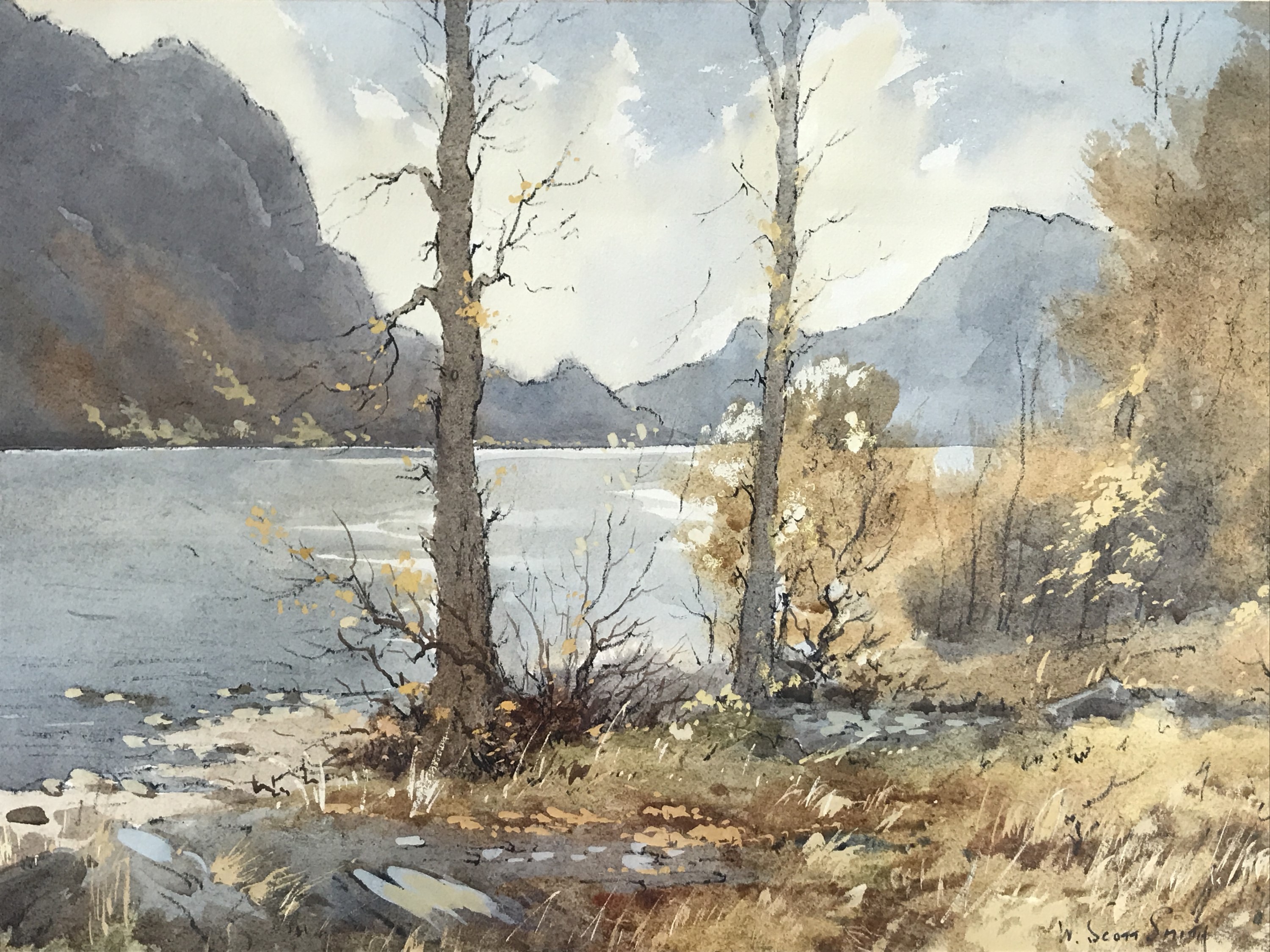A watercolour lake scene by W. Scott Smith