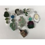 Contemporary white-metal mounted semi-precious hardstone jewellery, comprising six pendants and