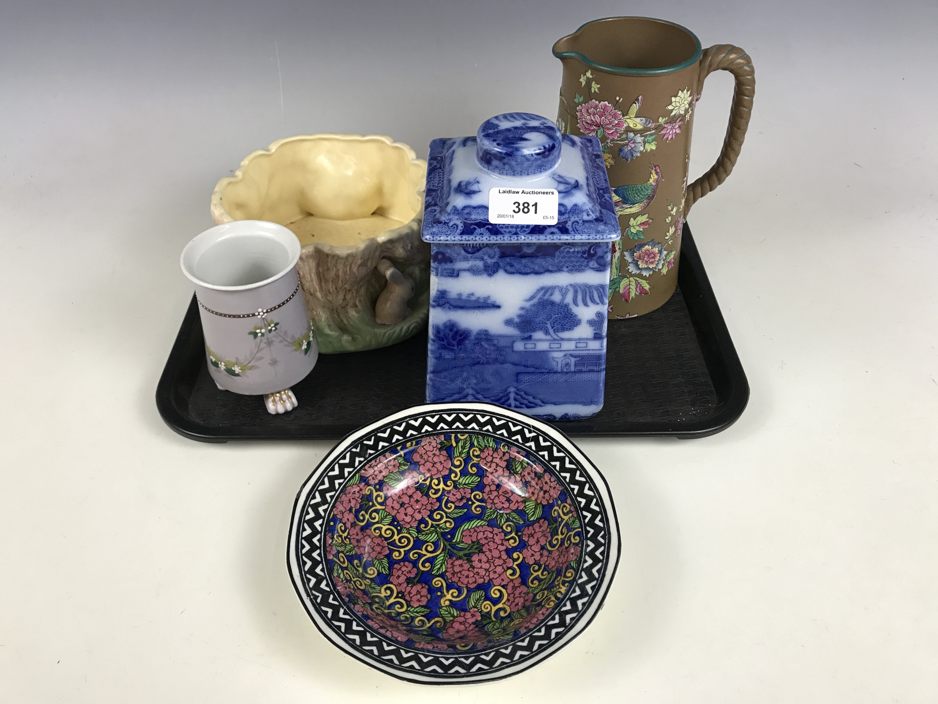 Sundry ceramics including a Ringtons Willow pattern tea caddy, a Sylvac crows bowl and a Royal