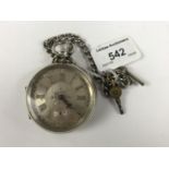 A silver pocket watch with chain and key
