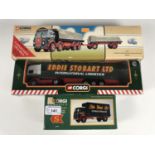 Three boxed Corgi die cast models including and Eddie Stobart Leyland Beaver platform lorry, a DAF