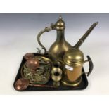 A Bavarian brass coffee pot together with horse brasses and two small trays etc