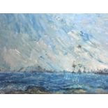 (20th Century) A large impressionistic seascape with steam boats and distant shores, heavy impasto
