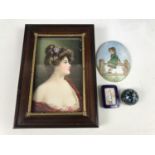 An early 20th Century framed print depicting a sentimental lady together with a hand painted plaque,