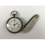 A Victorian lady's white metal fob watch and a silver pocket folding fruit knife