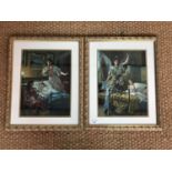 A pair of Victorian sentimental chromolithographic glitter prints, depicting interior scenes with