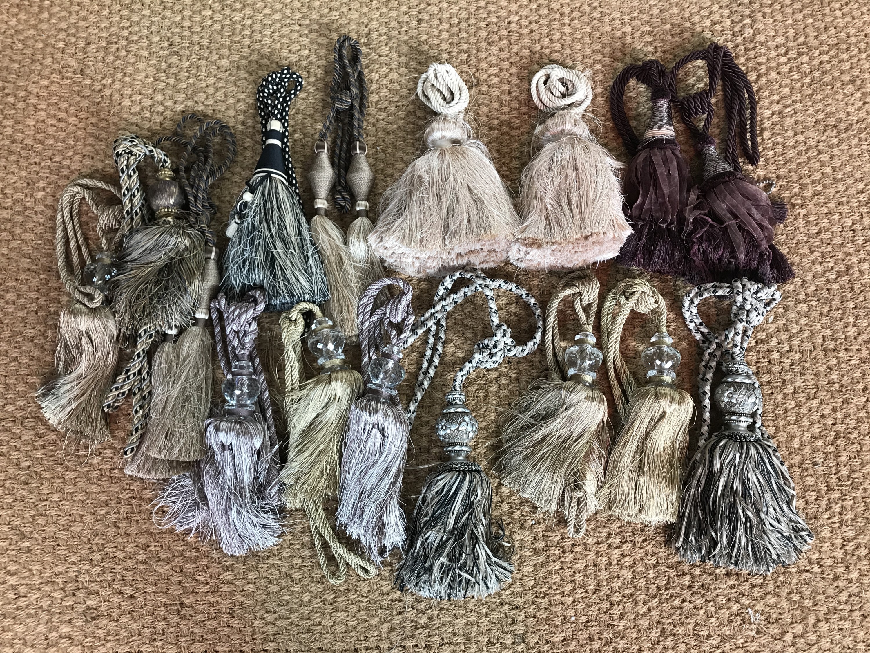 Seven pairs of tassel curtain tie-backs together with three other single tie-backs