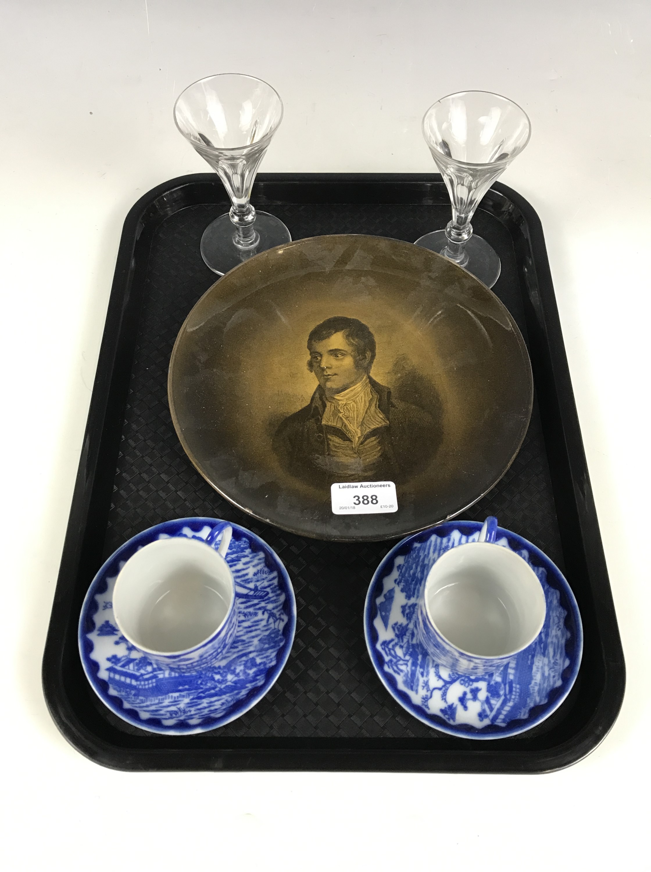 A pair of late Georgian wine glasses together with a Ridgeway Robert Burns plate and two Japanese