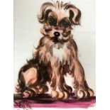 A vintage reverse glass painting of a dog, the puppy in a seated position, framed, 60 x 46 cm
