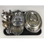 Sundry electroplate wares including a tureen, a cruet set and a strawberry set etc