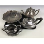 A Philip Ashberry of Sheffield electroplate teapot together with a three piece electroplate tea