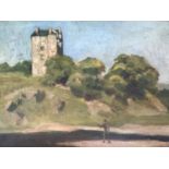 (19th Century) Naive landscape view with peel tower overlooking a winding river, to the fore a