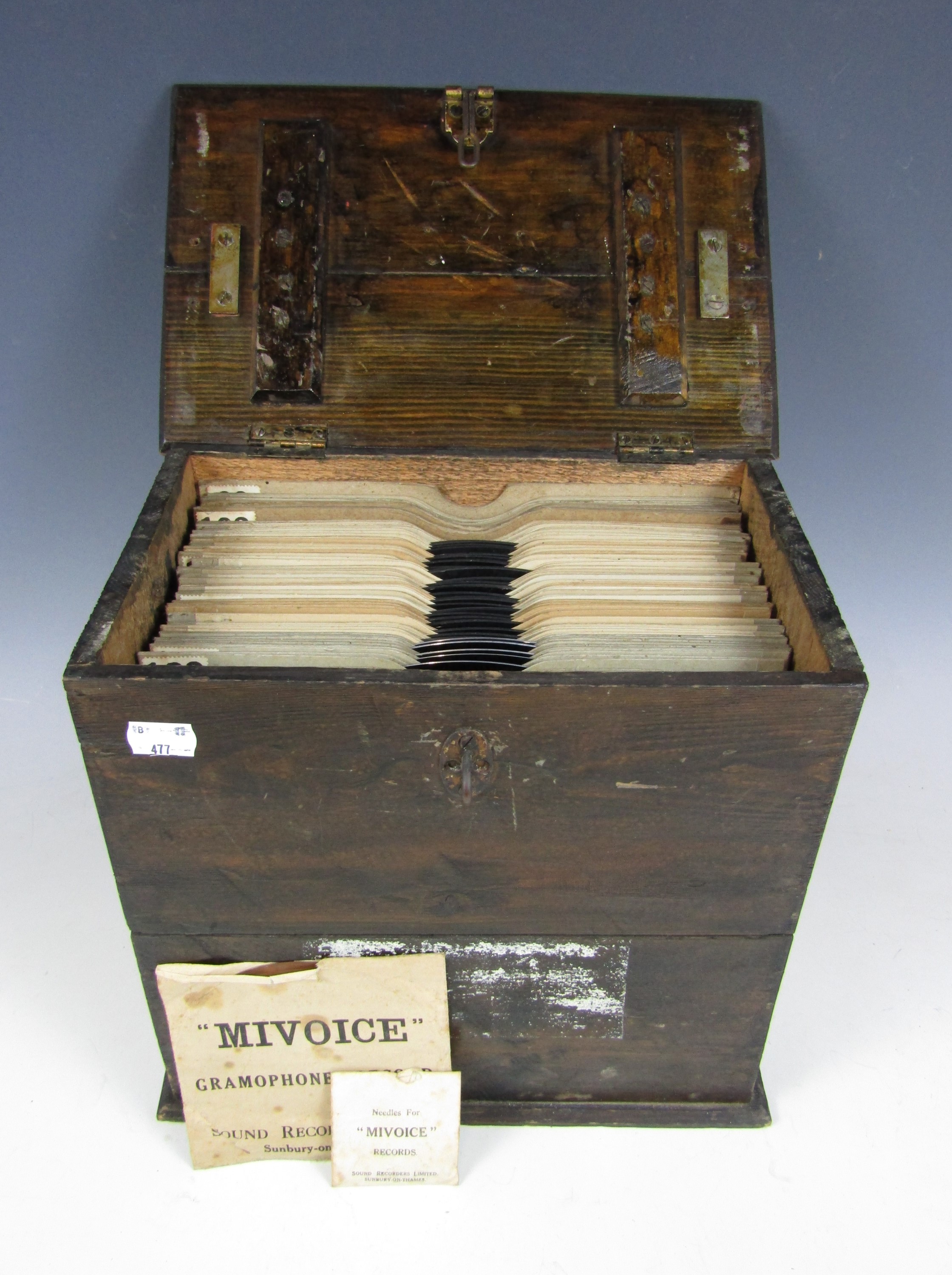 A wooden case of 78 rpm records together with Miudice record needles and a record