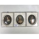 Three portrait miniatures of historical women including Marie Antoinette and Mary Queen of Scots,