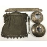 An early 20th Century lady's white metal mesh purse, together with a silver handled button hook, and